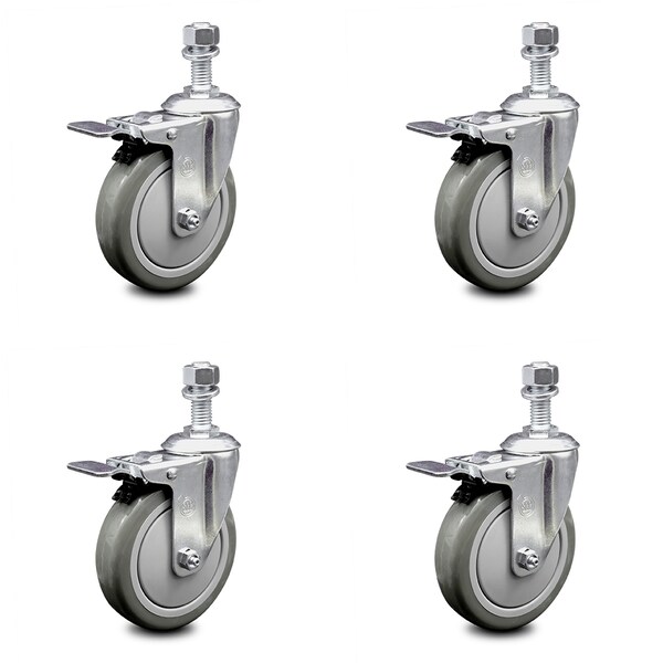 5 Inch Gray Polyurethane Swivel 1/2 Inch Stem Caster Set with Total Lock Brake
